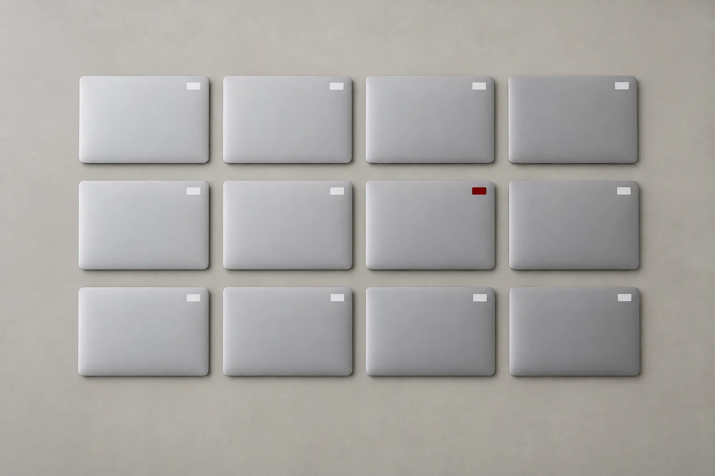 Doce laptops idénticas alineadas sobre una mesa, vistas desde arriba; una lleva etiqueta guinda